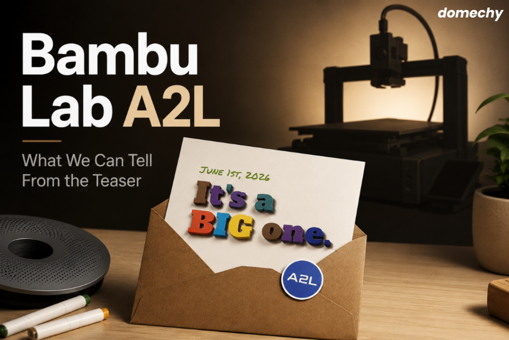 Featured image for Bambu Lab A2L teaser article showing the teaser envelope card and a silhouette of a 3D printer in the background