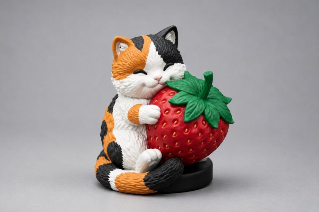 Multicolor calico cat hugging a strawberry 3D-printed figurine