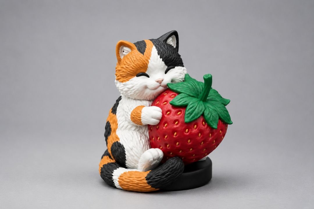 Multicolor calico cat hugging a strawberry figurine