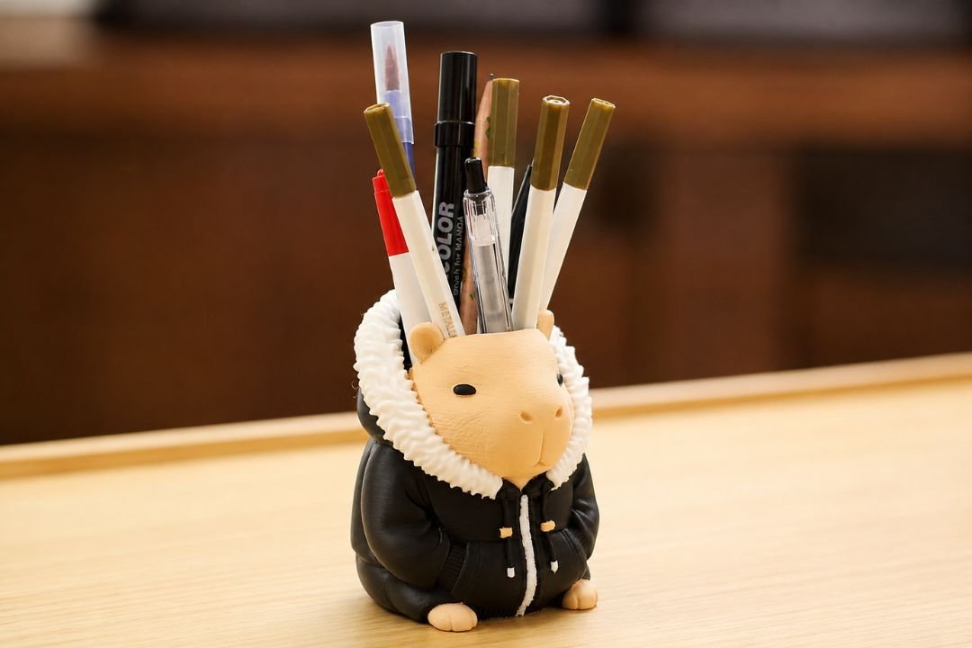 3D printed capybara pen holder detail view