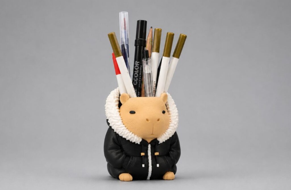 3D printed capybara pen holder in a black puffer jacket holding pens and pencils