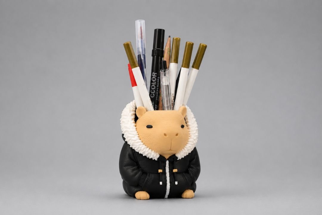 3D printed capybara pen holder in a black puffer jacket holding pens and pencils