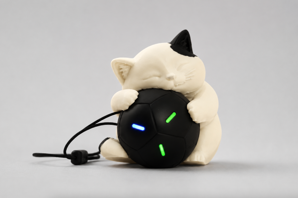 3D printed cat hugging a UGREEN FineTrack 2 ball