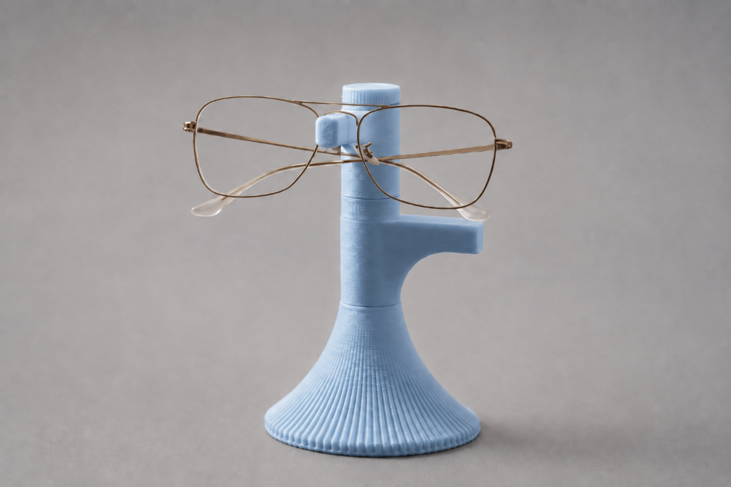 3D printed glasses stand holder with ribbed base in light blue PLA